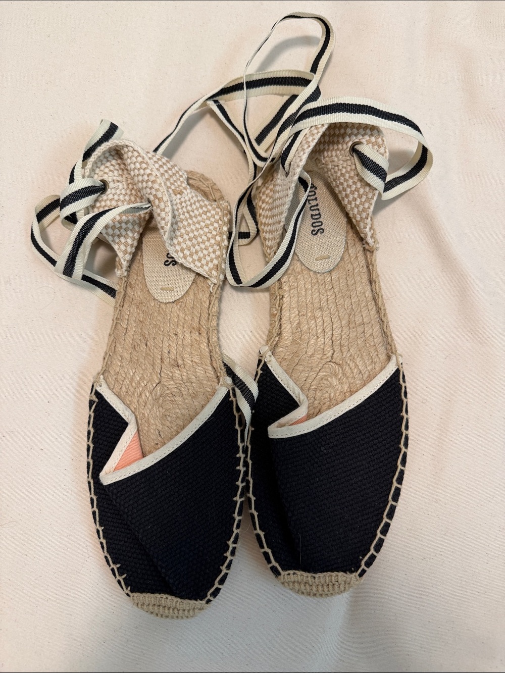 Soludos Black Espadrille Lace-Up Flats with Cream Trim